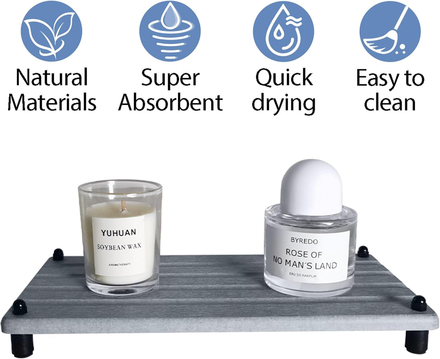 2 PCS Water Absorbing Stone Trays for Bathroom Counter, Fast-Drying Faucet Mat for Kitchen Sink, Diatomite Sink Caddy, Hand Soap Holder with Anti-Skid Feet (9.5" x 4.7" Gray)