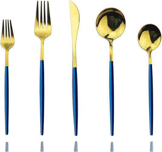 JASHII Blue Gold Silverware Set, 20-Piece Stainless Steel Satin Finish Flatware, Kitchen Utensils, Mirror Polished Tableware Cutlery for Home and Restaurant, Dishwasher Safe