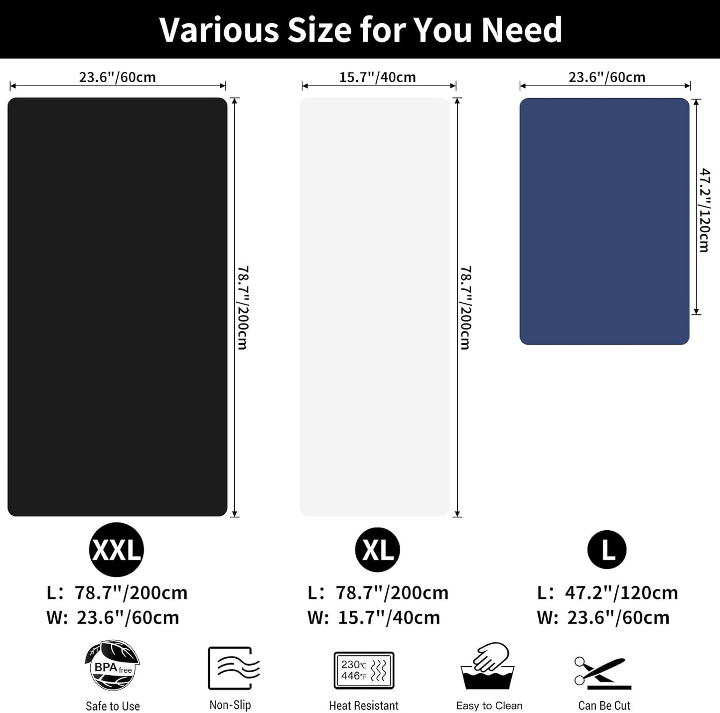 Large Silicone Mat, 78.7”x 15.7” Extra Thick Heat Resistant Mats, Nonslip Kitchen Countertop Protector Mat, Cuttable Waterproof Counter Protector Mat for Kitchen Island Workbench (Light Gray)