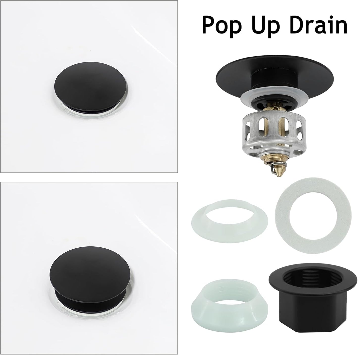 Bathroom Sink Drain,2 Pack Drain Stopper Without Overflow,Pop Up Drain Assembly with Detachable Strainer Basket,Built-in Anti-Clogging, Stainless Steel Nut Mattle Black