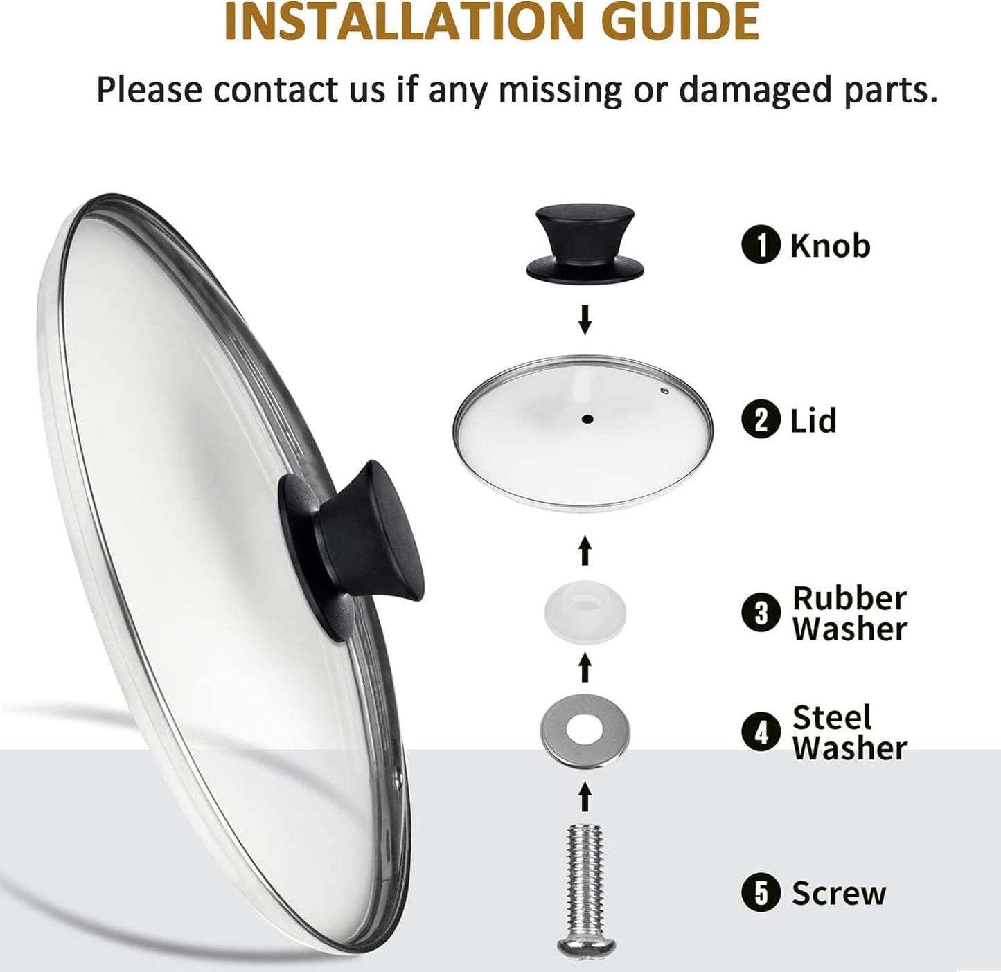 Glass Lid for 9.5 Inch Cast Iron Skillets Frying Pans, 24 cm Tempered Lids for Dutch Ovens, 9.5 In Pan Cover with Stainless Steel Rim for Stock Pots, Heat Resistant Handle, Dishwasher Safe