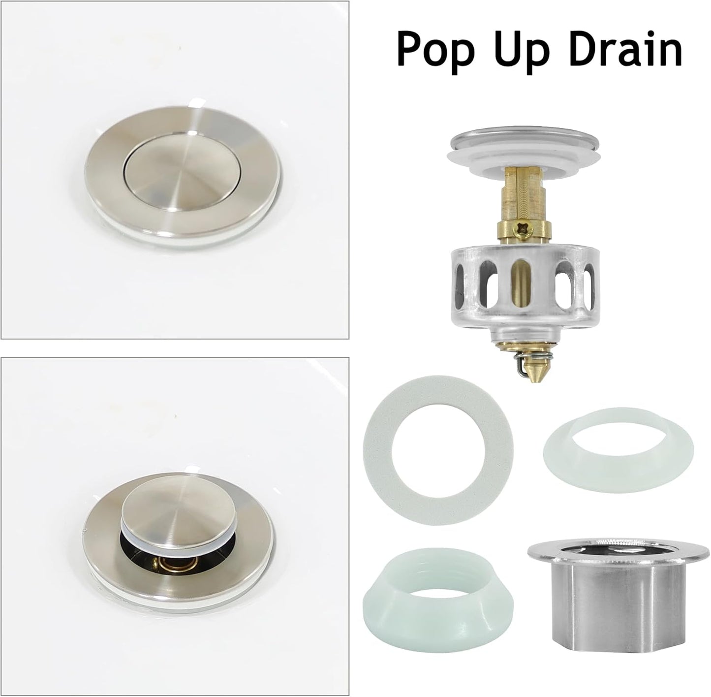 Bathroom Sink Drain,2 Pack Drain Stopper with Overflow,Small Cap Pop Up Drain Assembly with Detachable Strainer Basket,Built-in Anti-Clogging, Stainless Steel Nut Brushed Nickel