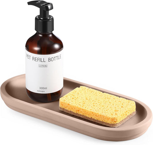 Diatomaceous Earth Sink Caddy, Instant Dry Bathroom Kitchen Sink Organizer, Minimalist Water Absorbing Dish Soap Holder, Stone Tray for Sponge Brush Candles (Brown)