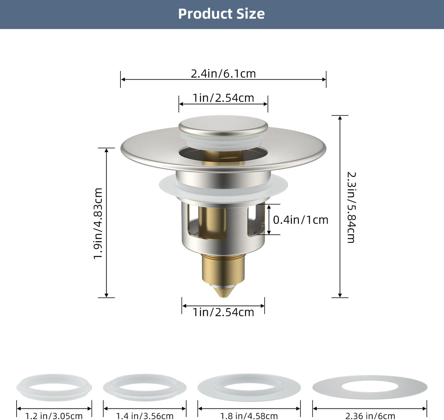 Hibbent 2 Pack All Metal Universal Bathroom Sink Stopper for 1.1''~2.3'' Basin, Pop Up Sink Drain Strainer, Brass Core Push Type Stopper, Stainless Steel Anti Clogging Drain Filter, Brushed Nickel