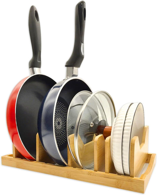 Bamboo Pot Lid Organizer for Cabinet & Kitchen Counter, Pan Lid Organizer Inside Cabinet, Pot Lid Holder, Sheet Pan Rack, Adjustable Pot Cover Holder Rack for Countertop, Under Cabinet