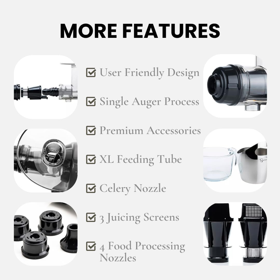 Cold Press SANA 707 Classic Horizontal Single Auger Low Speed Juicer | Easy Clean, Powerful, Auto Feed, Celery Attachment, Frozen Desserts, Pasta Extrusion, 15 Year Warranty, Black