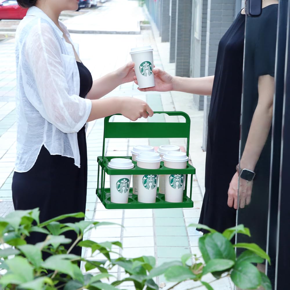 Bodaon 6 Cup Drink Carrier with Handle, Plastic Cup Holders for GrubHub/Doordash Delivery, Reusable Foldable Car Drink Caddy, Leakproof Food Delivery Accessories, 360° Secure Grip, Green