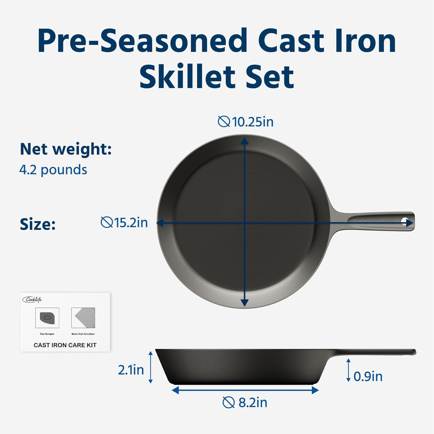 COOKLIFE 10 Inch Lightweight Pre-Seasoned Cast Iron Skillets with Handle Cover - Smooth Polished Surface, Easy to Clean Cast Iron Pan Use in the Oven, on the Stove or Grill, Over a Campfire