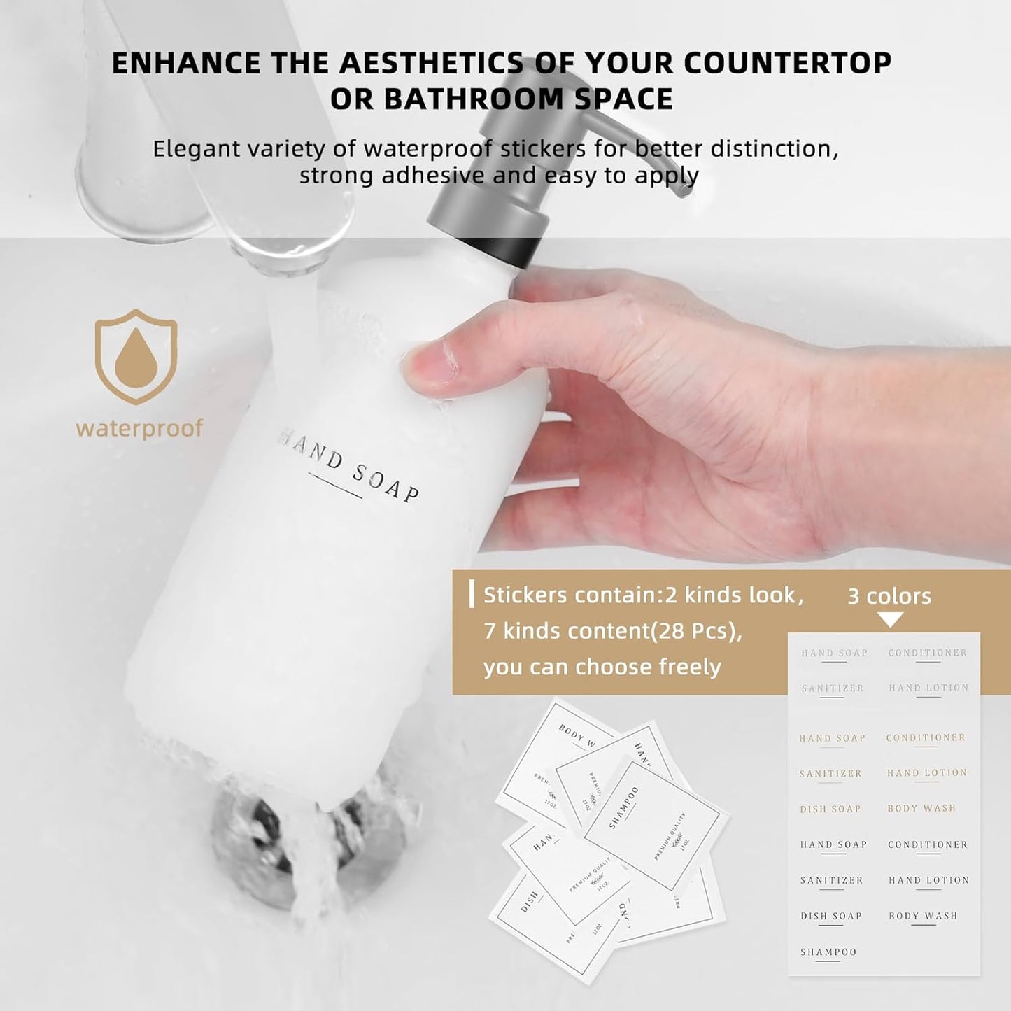 Glass Soap Dispenser - Dish Hand Soap Dispenser for Kitchen Set, Bathroom Soap Lotion Dispenser with 304 Rust Proof Pump, Tray, White Bottle/Black Pump