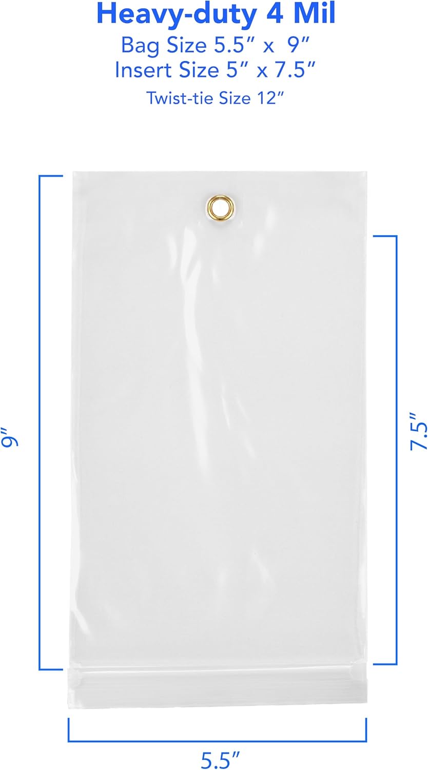 GPI - 5.5" x 9" Reclosable Zip Bags with Bottom Hang-hole & Pre-inserted 12" Twist-tie. 4 Mil Heavy-duty Resealable Zipper Baggy with Grommet/Metal Eyelet for Hanging (Insert Size 5x7.5) 1000 Pack