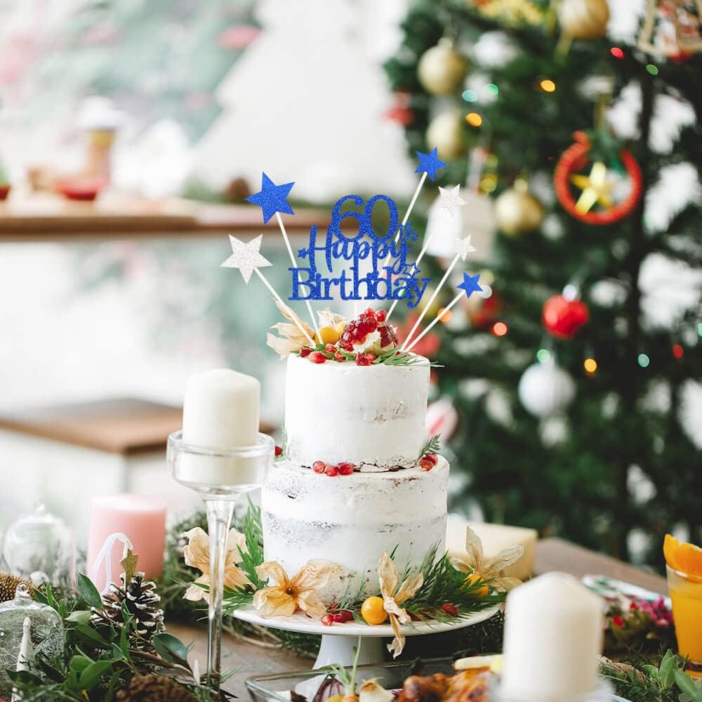 Glittery 60th Happy Birthday Cake Topper with Star,Personalised 60 Birthday Cake Toppers Party Decorations Party Supplies for Men Women Blue