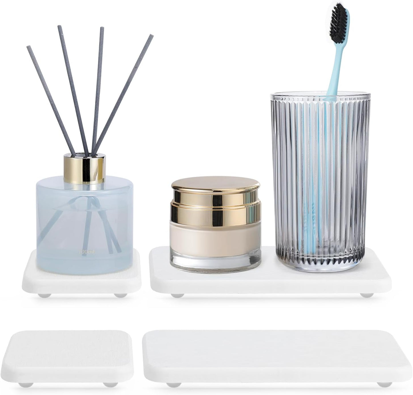 Water Absorbing Stone Tray for Sink | Quick Drying Diatomaceous Earth Coasters | Soap Dish Holder & Toothbrush Holder for Bathroom Counter | Hand Soap & Plant & Toiletries | White 4-Pack