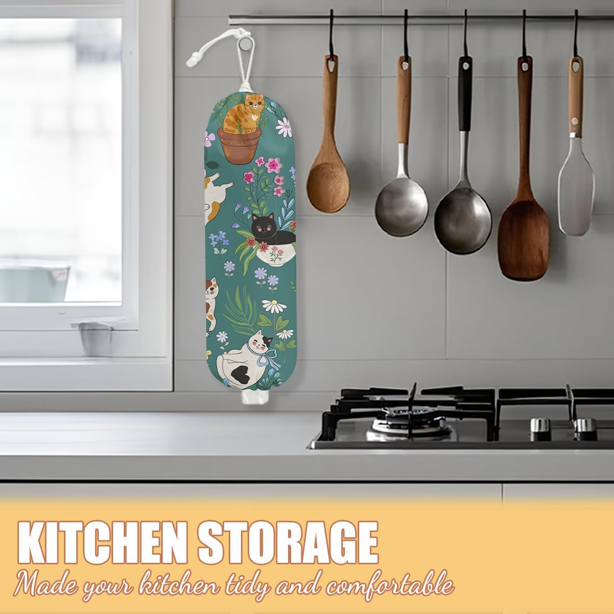 Garden Cat Plastic Bag Holder, Wall Mount Grocery Bag Holder, Plastic Storage bag, Pull Rope Free Adjustment, Plastic Bag Holders for Grocery Bags, Plastic Bag Dispenser for Home Kitchen