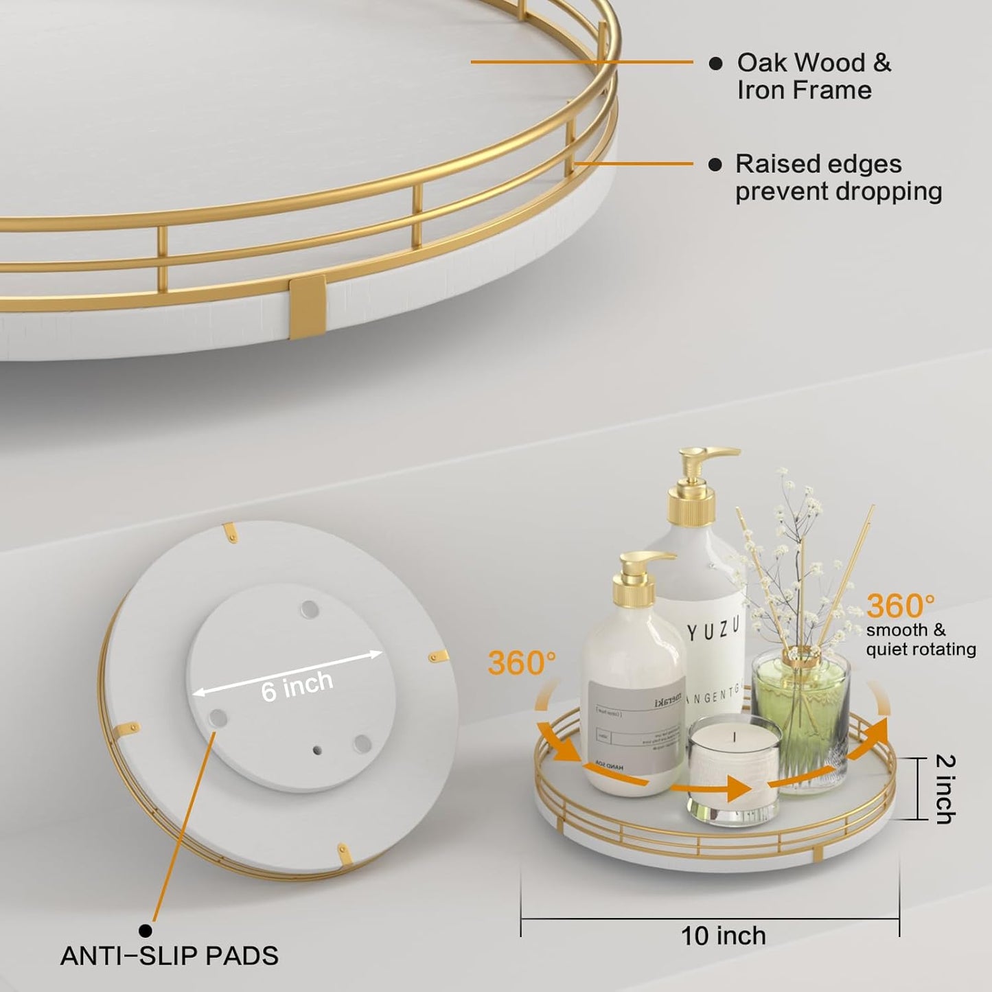 10" Wooden Lazy Susan Turntable for Cabinet – Rotating Spice Rack Organizer, Small Kitchen Countertop Tray for Dining Table & Pantry Storage (White & Gold)