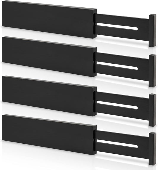 FJO 4 Pack Adjustable Bamboo Drawer Dividers - 11.8" - 17" Expandable Drawer Separators for Kitchen, Utensils, Clothes, Bedroom, Dresser, Bathroom (Black)
