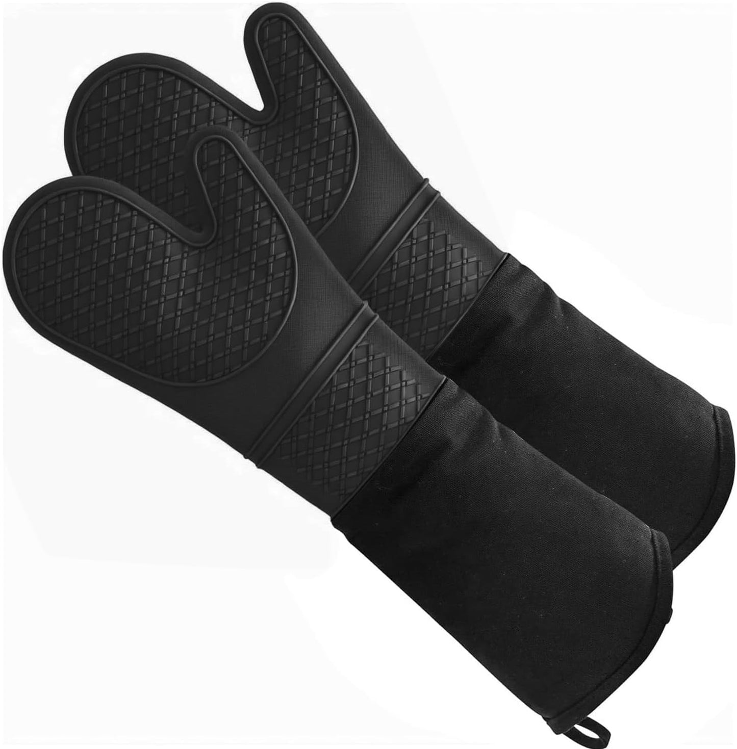Extra Long Silicone Oven Mitts Heavy Duty Commercial Grade Oven Mitts Heat Resistant BBQ Gloves with Quilted Cotton Lining 2 Pack (Black)