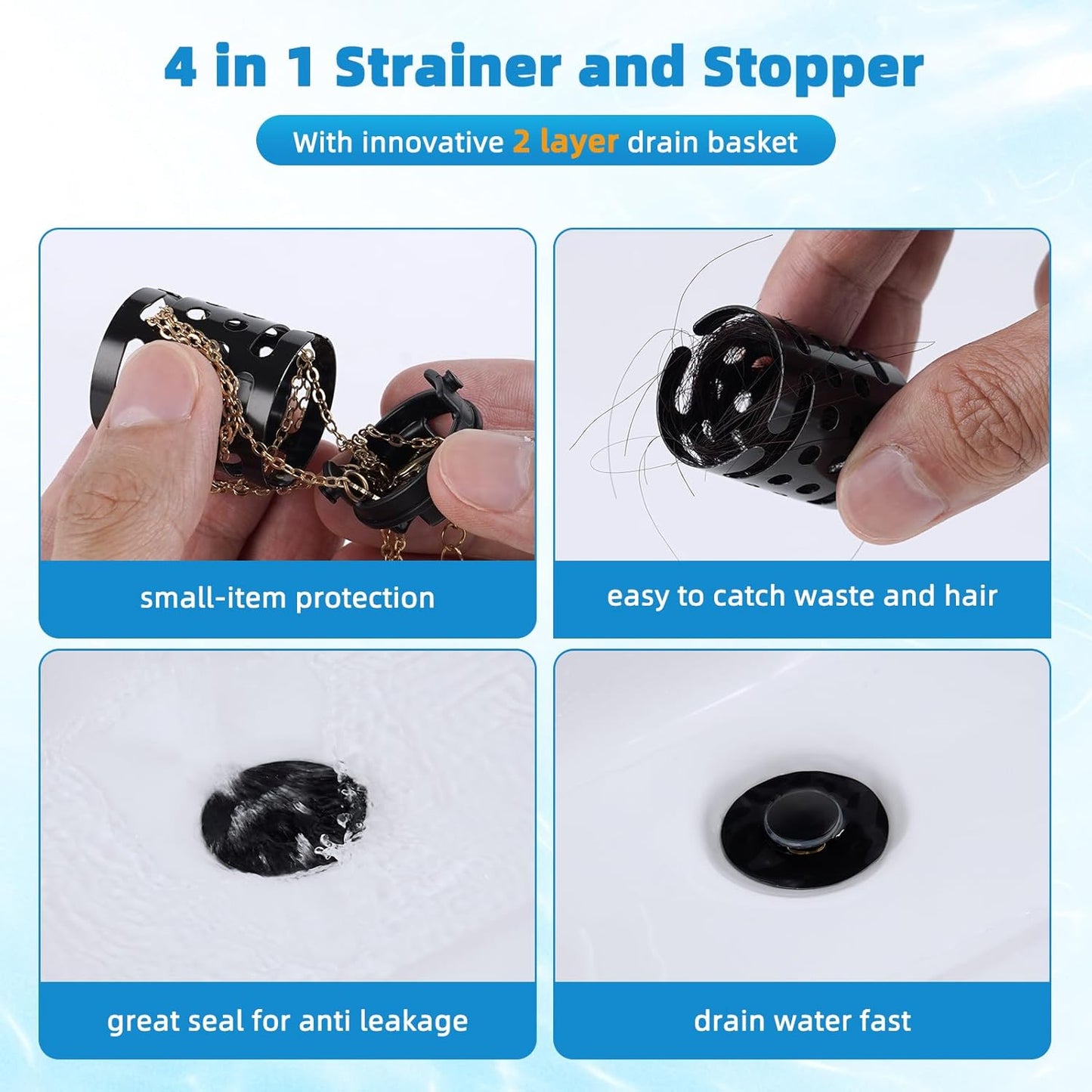 Universal Bathroom Sink Stopper Hair Catcher Upgraded with 2-Layer Detachable Filter Basket, 4 in 1 Pop Up Drain Strainer, Anti-Clog, Odor-Block, Fit for 1.1''~2.36'' Sinks, 2PCS, Matteblack