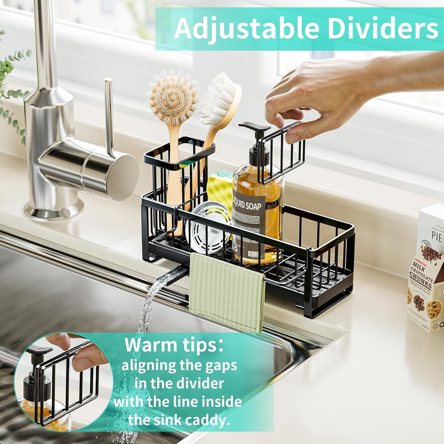 HapiRm Sponge Holder for Kitchen Sink - Self-draining Sink Caddy with Brush and Dishcloth Holders, Stainless Steel Kitchen Organizer for Countertop - Black