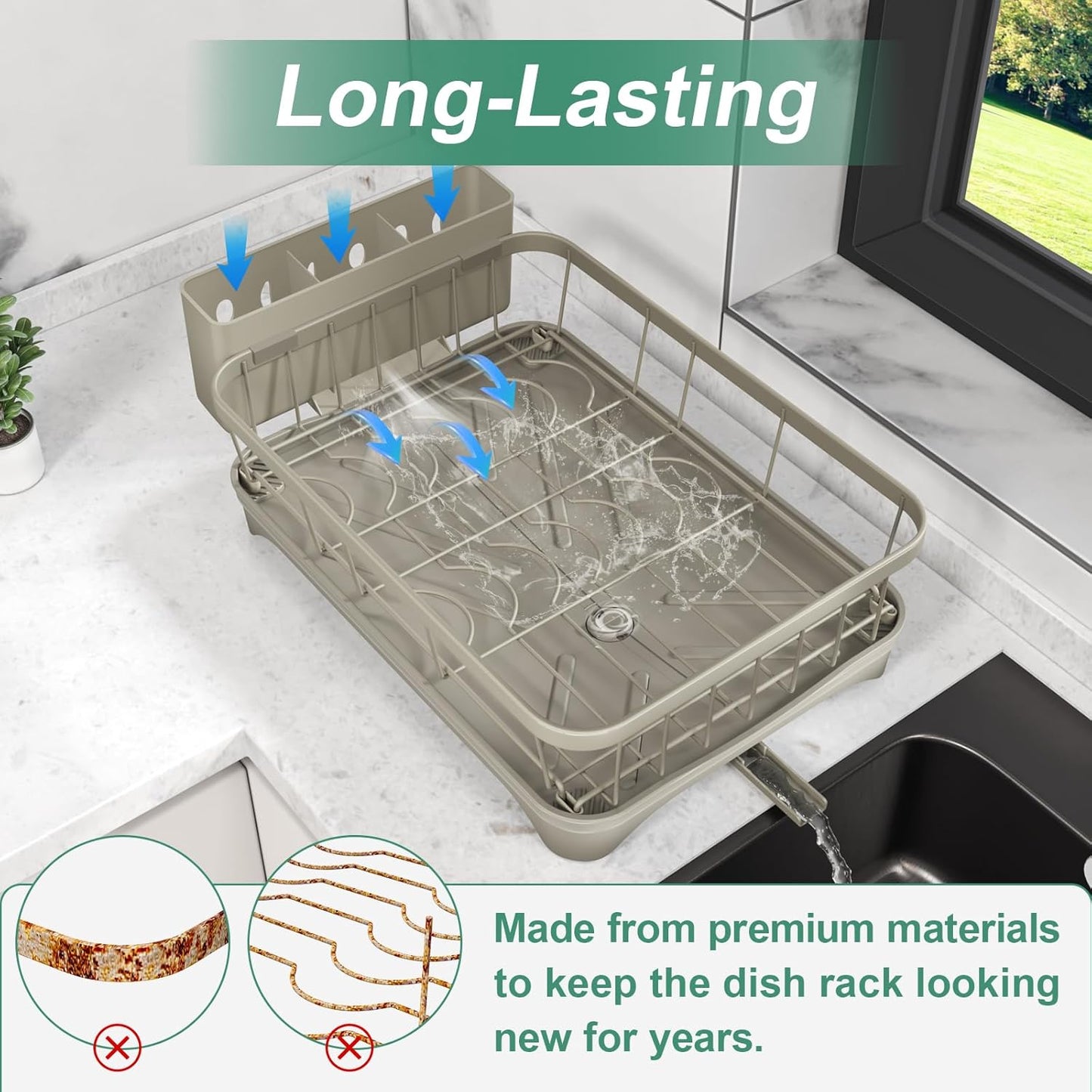 Kitchen Dish Drying Rack – Large Capacity Single Tier Dish Drainer with Drainboard & Utensil Holders, Kitchen Organizer for Dishes, Spoons and Forks, Grey