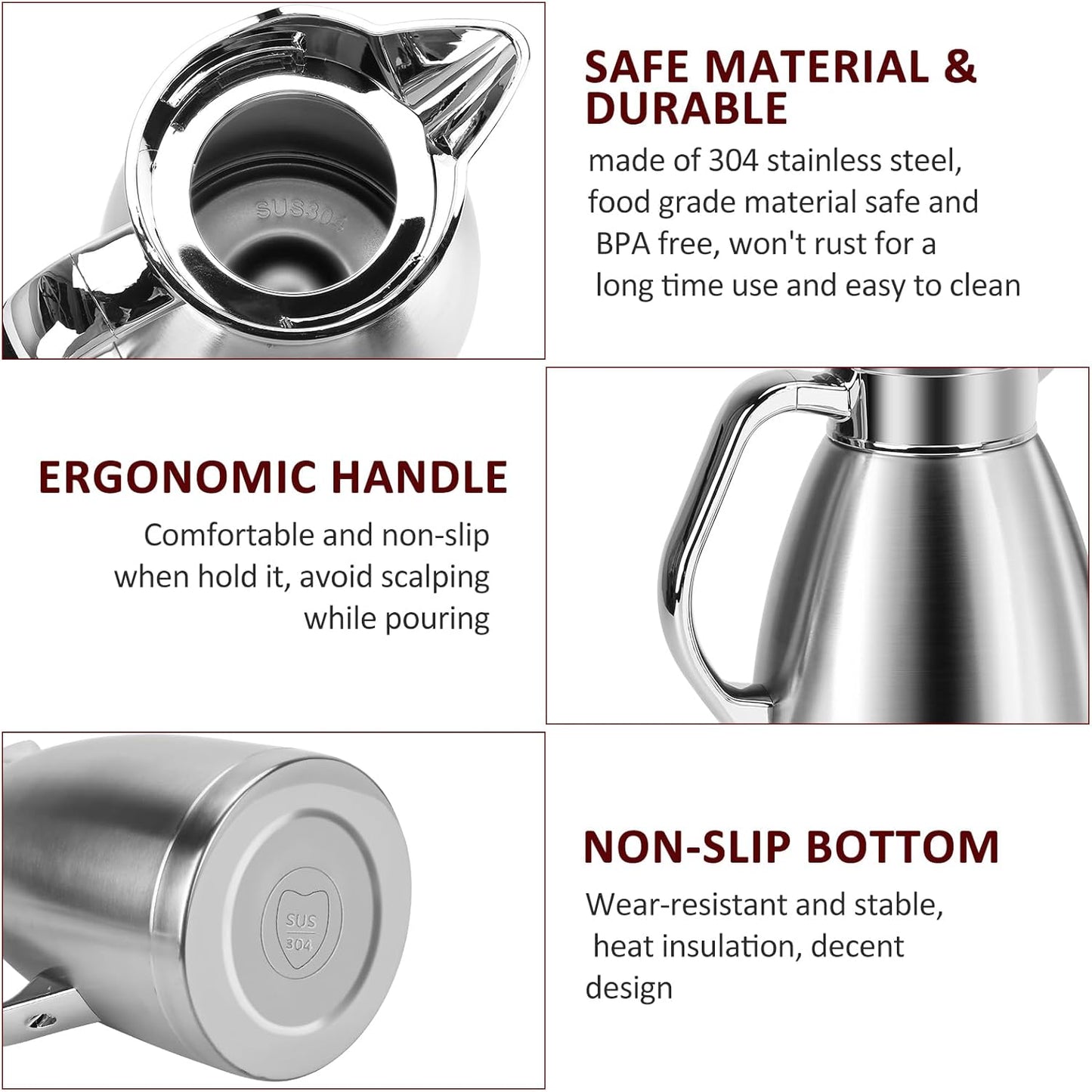 Coffee Carafes for Keeping Hot, ShineMe Stainless Steel Thermal Coffee Carafe with Cleaning Brush, Double Walled Vacuum Coffee Pot，61oz Insulated Tea & Coffee Dispenser, Long Heat/Cold Retention