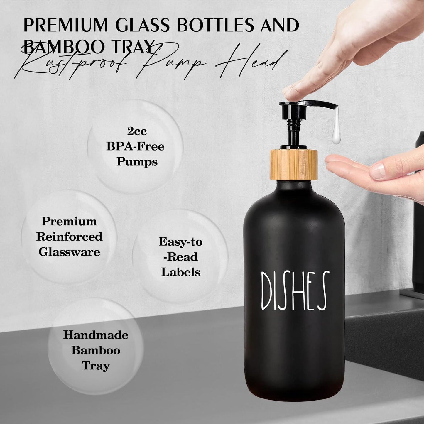 Arktek Glass Soap Dispenser Set with Tray, 2 Pack Hand and Dish Soap Dispenser Set for Bathroom and Kitchen Bottle Dispenser with Dish Soap, Hand Soap, Lotion 17 Oz (Black & White)