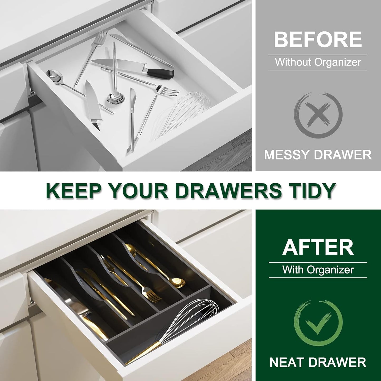 Bellsal Black Utensil Organizer 10 Inch Silverware Tray for Utensil Holder Cutlery Organizer Kitchen Drawer Organizer 5 Compartment Small Narrow Bamboo