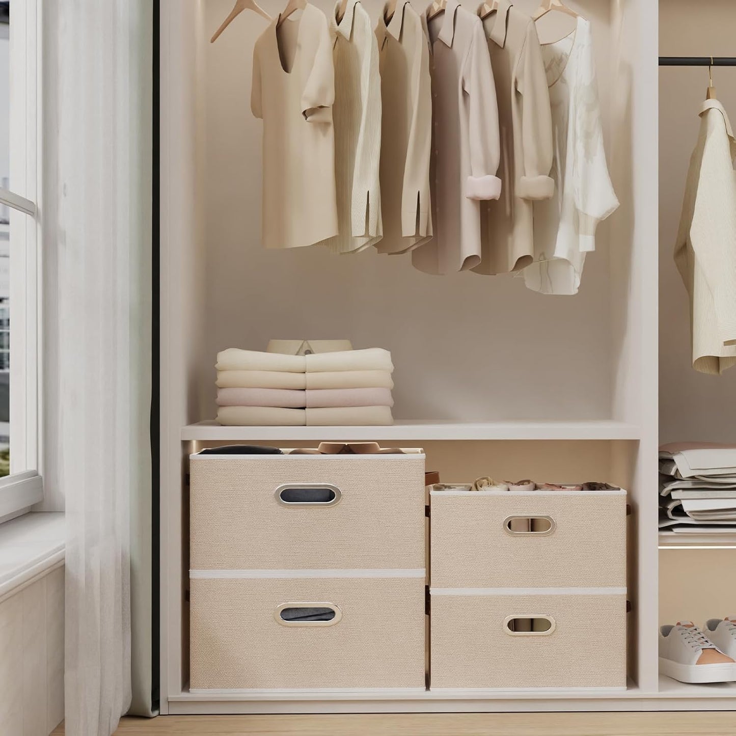 Yawinhe Fabric Storage Bins with Handles, Foldable Baskets for Shelves, Cubes with 3 Handles, Large Boxes for Clothes, Beige, 16.9''Lx11.8''Wx10.2''H, 6-Pack