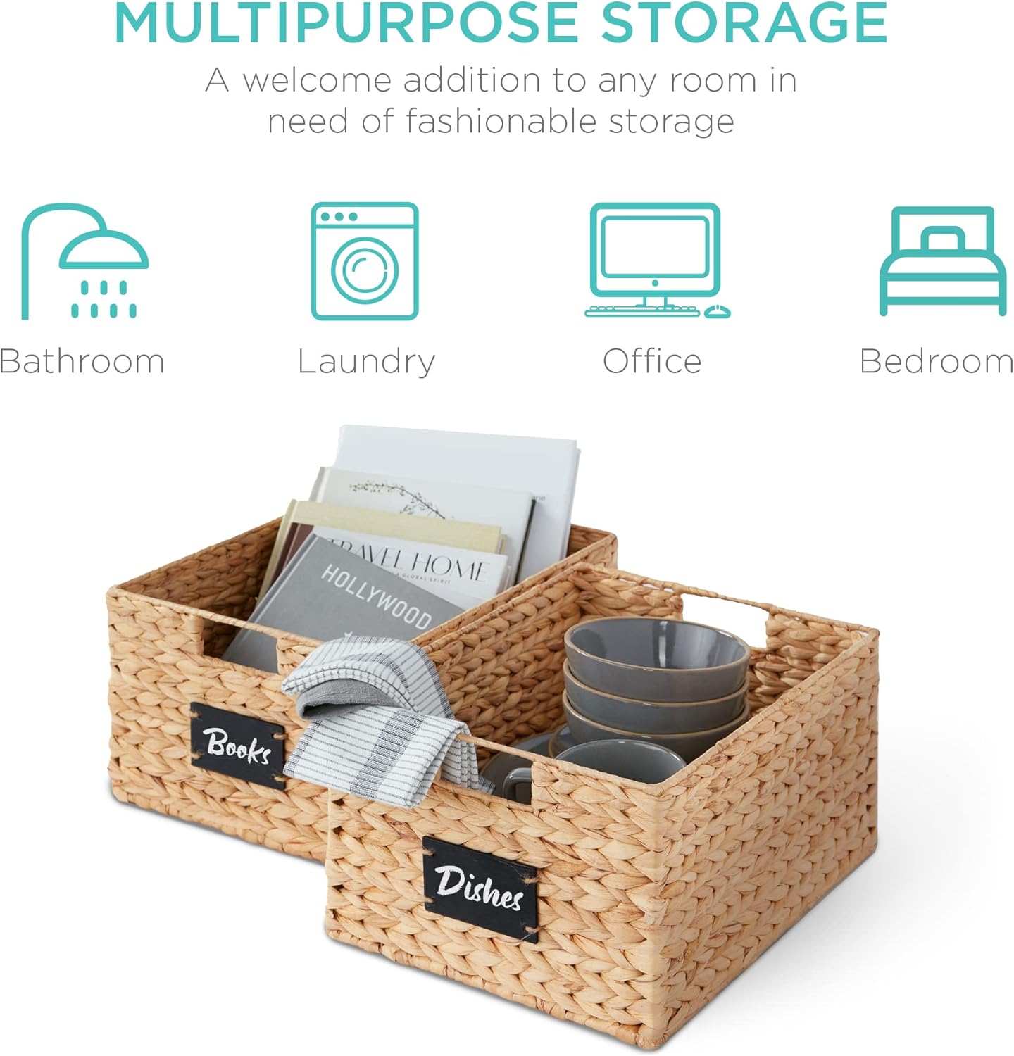 Best Choice Products Pantry Baskets Set of 2 16x12in Water Hyacinth Storage Baskets, Woven Wicker Kitchen Organizers with handles w/Chalkboard Label Chalk Marker - Natural