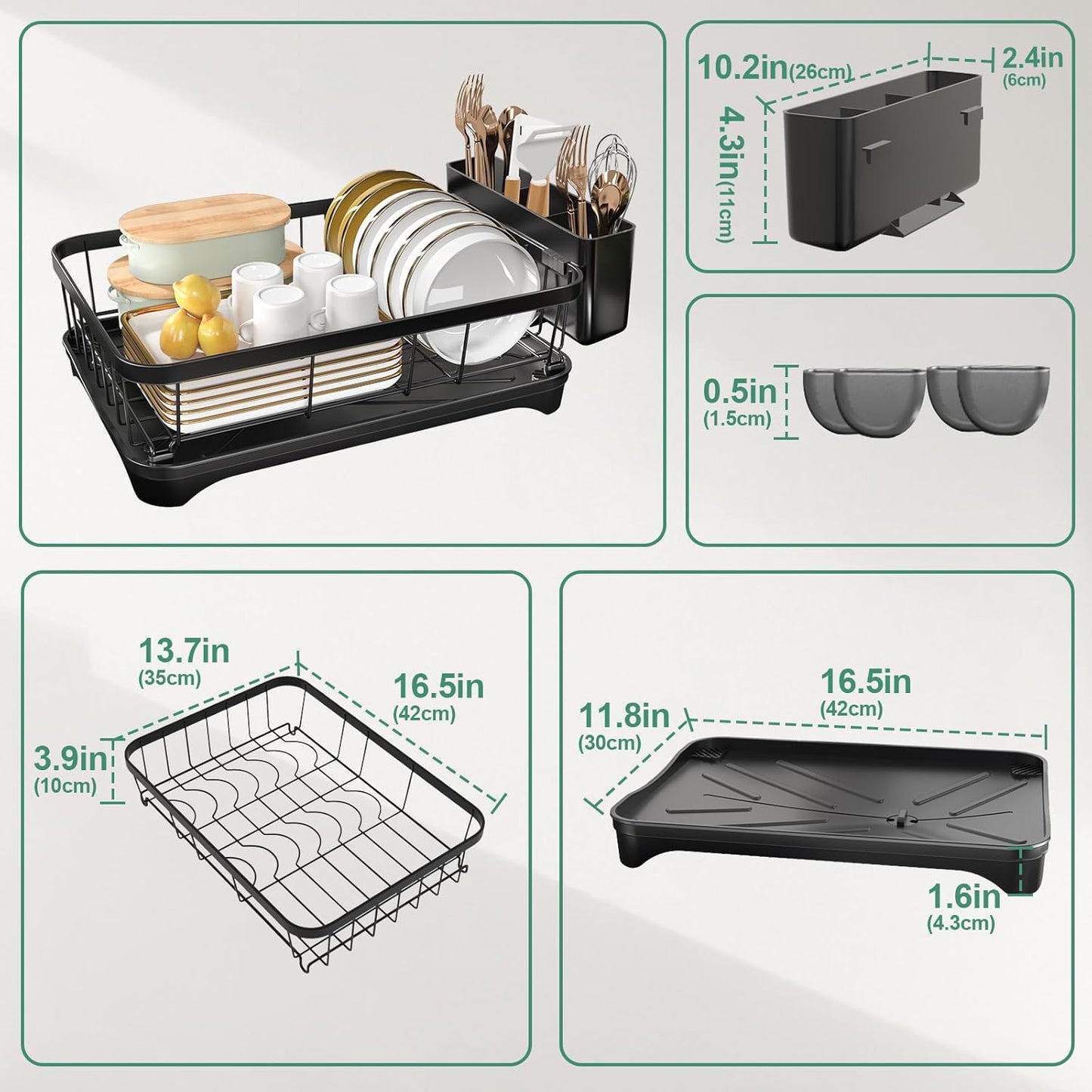 Dish Drying Rack for Kitchen Counter – Large Capacity Single Tier Dish Drainer with Utensil Holder & Cutlery Tray, Space Saving Countertop Organizer, Black