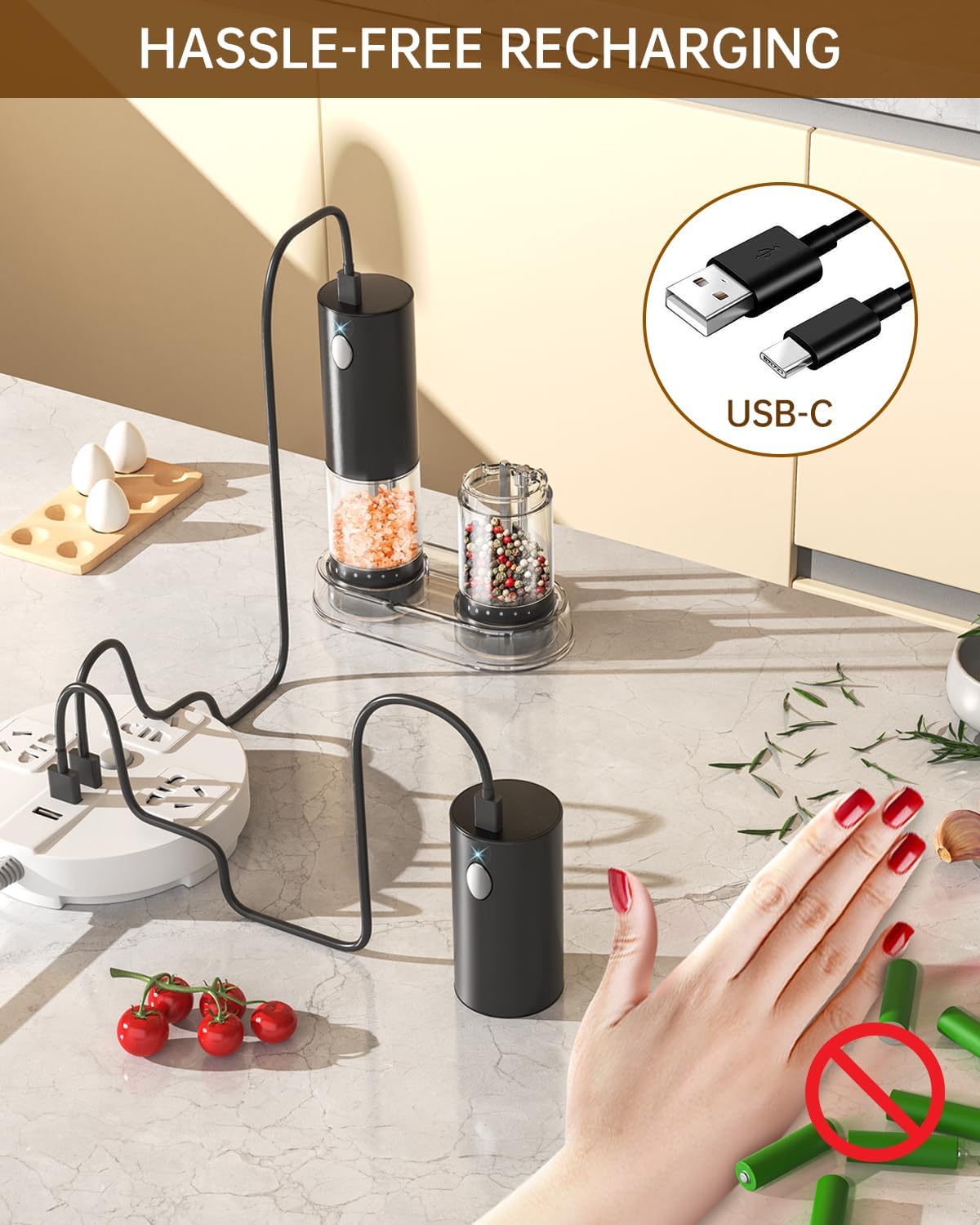 CIRCLE JOY Electric Salt and Pepper Grinder Set Rechargeable Salt and Pepper Mills with 6-Level External Adjustable Coarseness, White LED Light and Storage Base, Black
