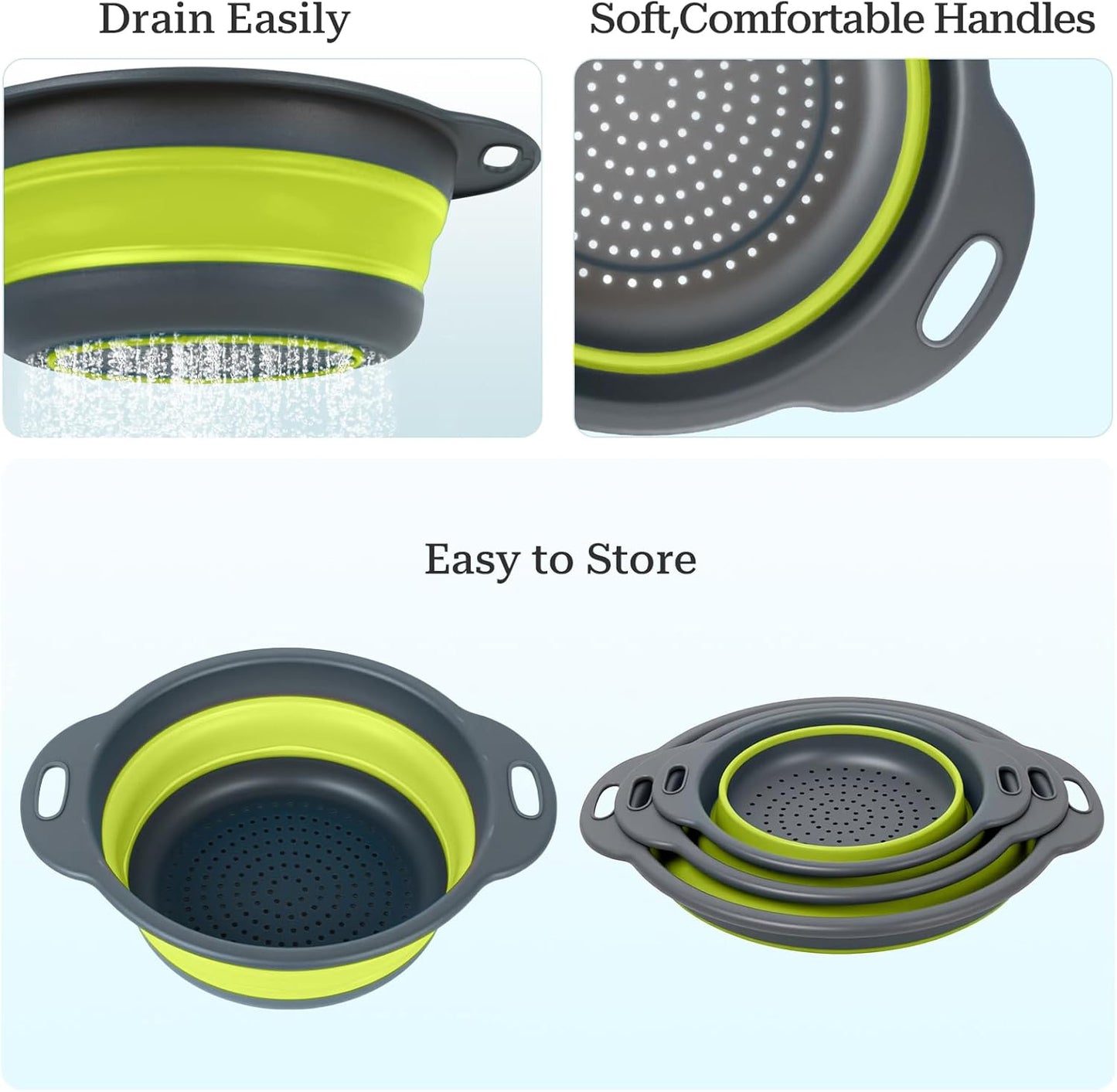 Collapsible Colander 3-Pack Set Space-Saving Foldable Kitchen Strainer with Non-Slip Base Durable Thickened PP+TPE Collapsible Strainers for Pasta, Vegetables, Fruits (Gray-Green)