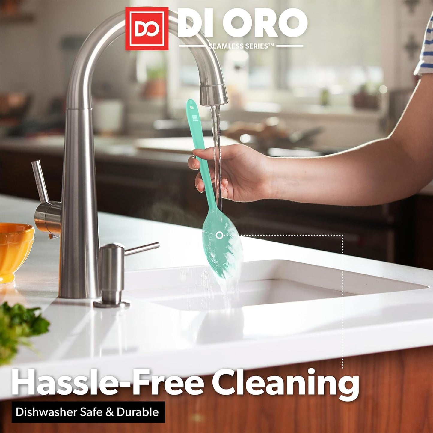 DI ORO Silicone Spoons for Cooking - Large Kitchen Spoons for Mixing, Serving, & Stirring - 600°F Heat-Resistant Non Stick Utensils – Big Solid & Slotted Basting Spoons - Dishwasher Safe (2pc, Mint)