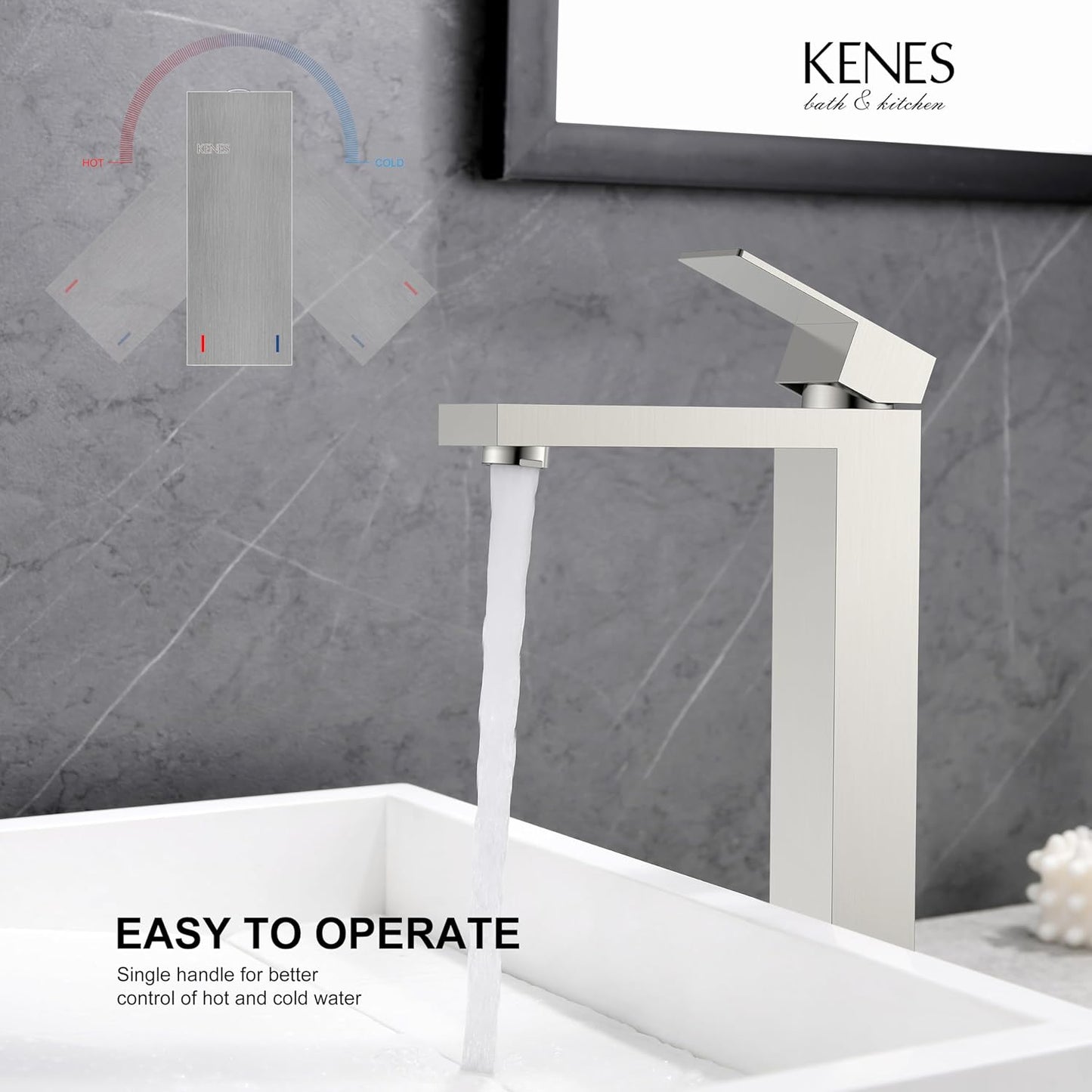 KENES Brushed Nickel Vessel Sink Facuet Single Handle Tall Bathroom Sink Faucet Vanity Bathroom Faucet Basin Mixer Tap with Water Supply Hose and Pop Up Sink Drain, LJ-9031A