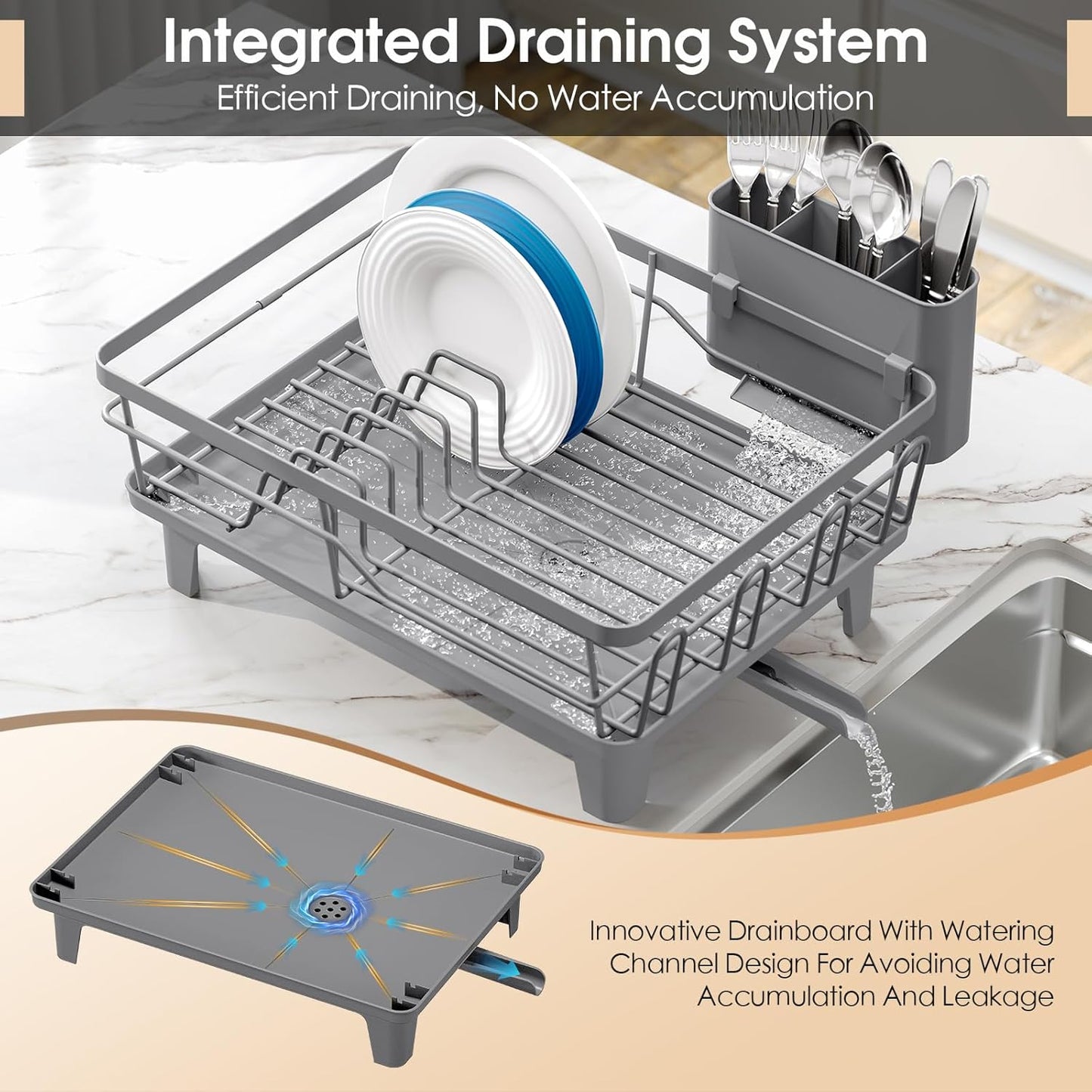 Dish Drying Rack for Kitchen Counter, Sink Dish Rack with Drainboard, Large Dish Drainer with Cups Holder, Home Countertop Plate Dryer Storage Rack with Cutlery Holder, Gray