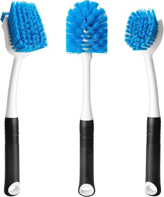 Dish Brush Set of 3 with Water Bottle Brush, Dish Scrub Brush and Scrubber Brush, Long Handle Kitchen Scrub Brushes for Dishes, Bottles, Cups, Pots, Pans and Sinks, Round Head