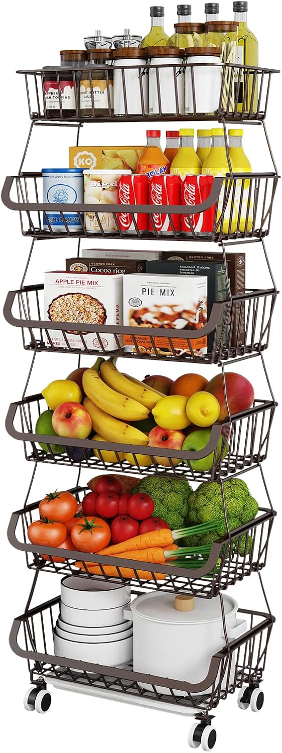 Fruit Vegetable Storage Basket for Kitchen - 6 Tier Stackable Metal Wire Baskets Cart with Rolling Wheels Utility Fruits Rack Produce Snack Organizer Bins for Pantry Bathroom Laundry Bronze