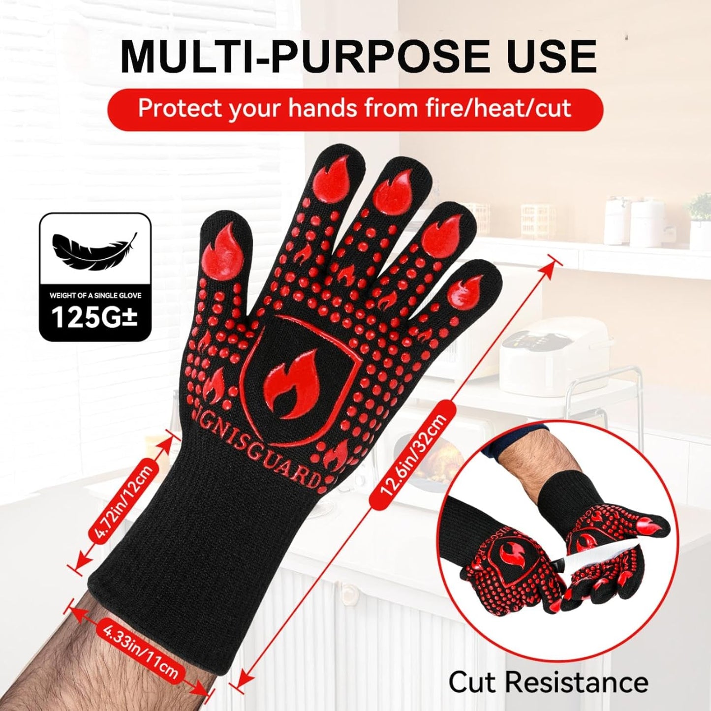 BBQ & Grill Gloves, Oven Gloves, 1472°F Silicone Oven Mitts Heat Resistant Grilling Gloves Fireproof Non-Slip for Barbecue Cooking Baking Smoking, 1-Pair Red（M）