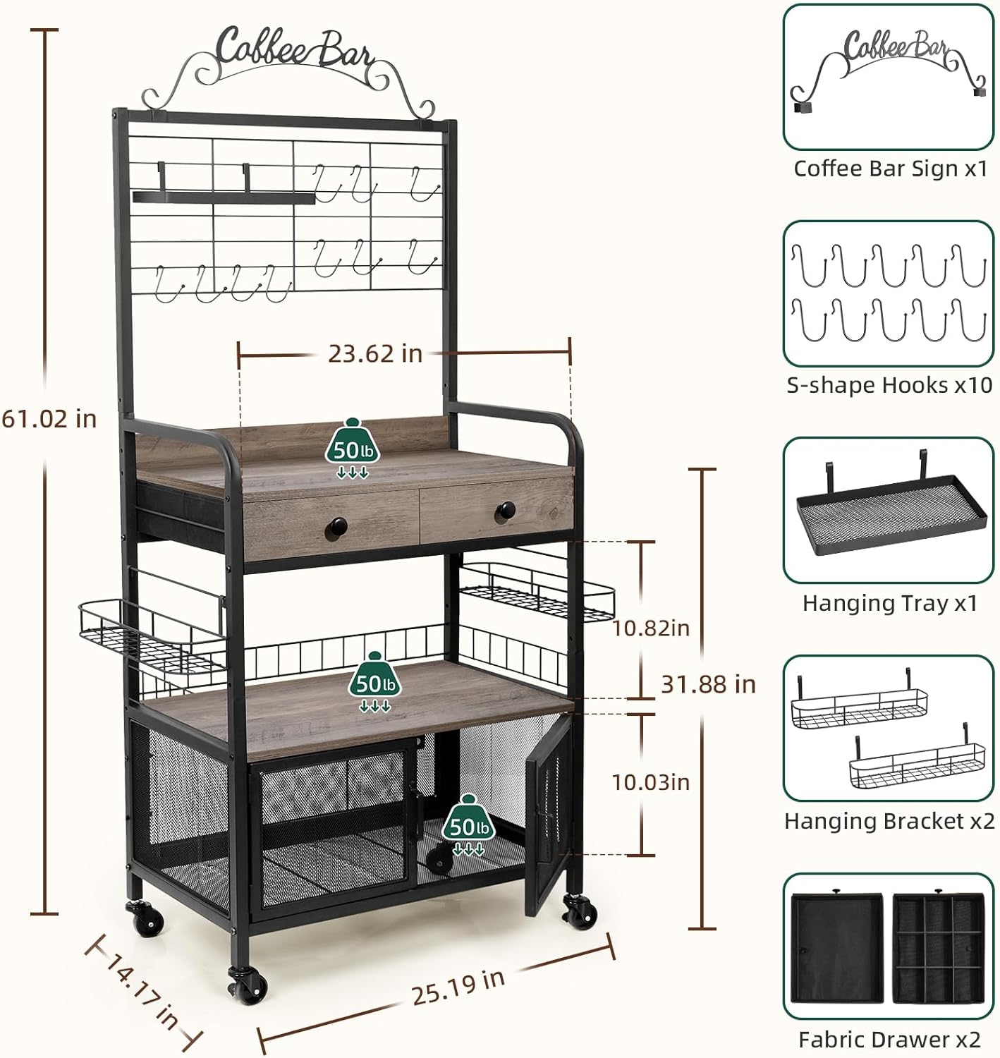 Coffee Bar Cabinet with Storage, Coffee Cart with Wheels, Coffee Station with Coffee Bar Sign and Mug Hook, Corner Coffee Bar Table with Drawer, Bakers Rack for Kitchen Dining Room Living Room Nook