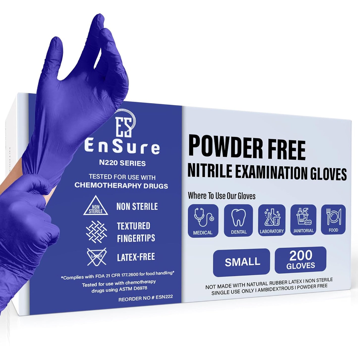 EnSure Nitrile Exam Gloves, Powder-Free, Latex-Free, Chemo Rated, Non-Sterile, Light Duty, Textured Tips, Medical, Surgical, Food Safe, Cleaning, Dental, Lab Use - 3 Mil (Small, 200 Count)