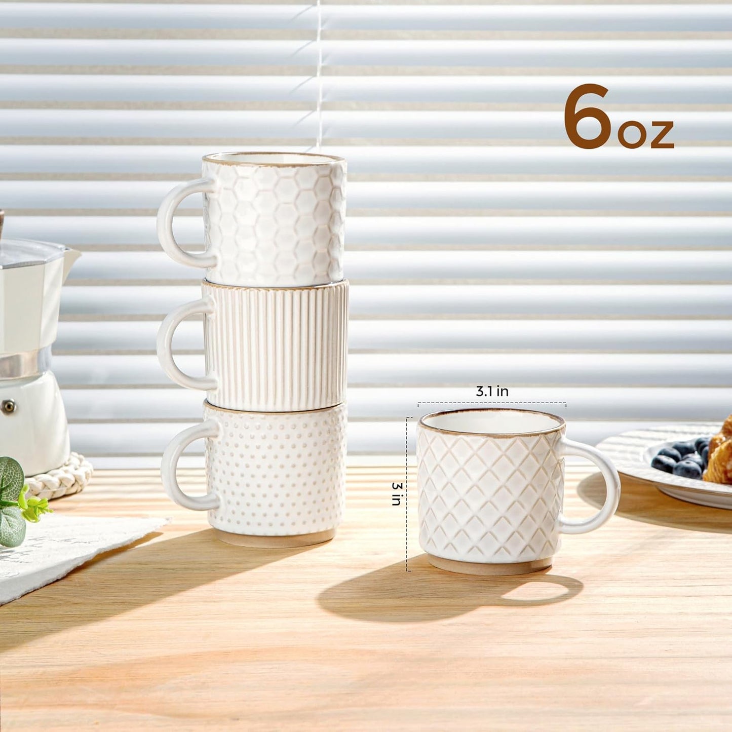 GBHOME 6OZ Stackable Coffee Mugs, Ceramic Coffee Mugs with Texture Patterns for Man,Woman,Dad,Mom, Modern Coffee Cups Set of 4 for Espresso/Cappuccino. Dishwasher&Microwave Safe