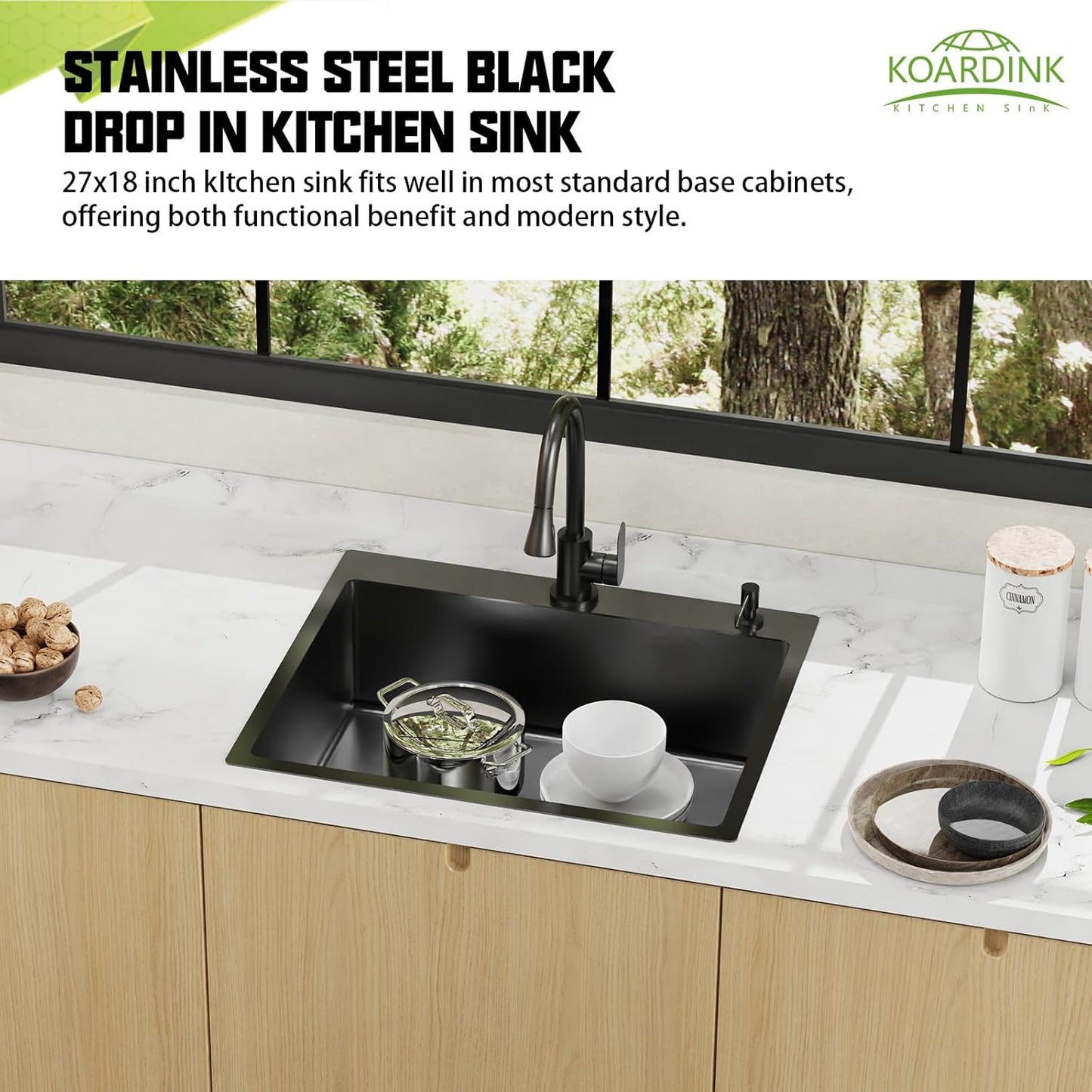 Black 27x18 Inch Kitchen And Bar Sink-Stainless Steel Drop In Kitchen Sink Modern Single Bowl Topmount Bar Sink Come With Silicon Mat,Drain Strainer Set Compatibility With Various Kitchen&Bar Style
