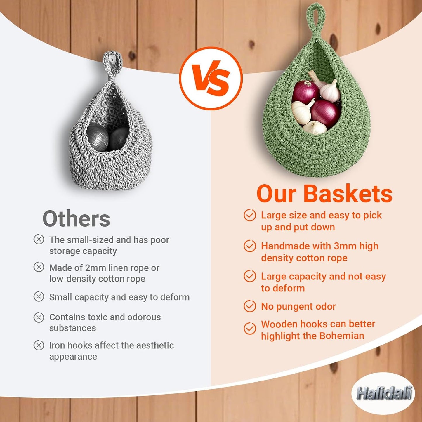 Hanging Fruit Baskets for Kitchen, 3 Pack Boho Cotton Rope Handwoven Vegetable Storage Wall Mounted Large Organizing Basket for Farmhouse Decor, Onion, Potato, Garlic and Plants (Green)