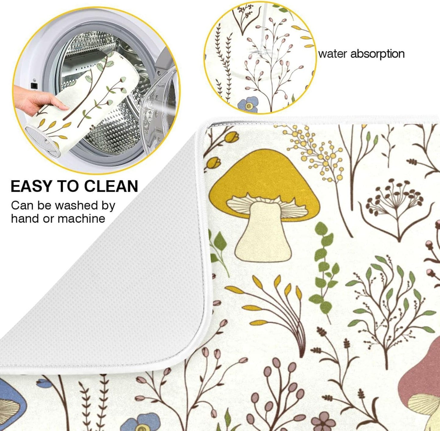 Cute Mushroom Wild Plant Dish Drying Mat for Kitchen Counter Absorbent Microfiber Drying Pad, Medium 16x18 in, Reversible Drainer Mats