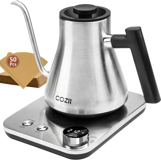 COZII Gooseneck Electric Kettle,5 Presets & ±1℉ Temperature Control 1200W Quick Heating Water Boiler for Coffee/Tea, 24H Keep Warm, Auto Shut Off Pour Over Kettle with 50pcs Coffee Filter,0.9L Silver