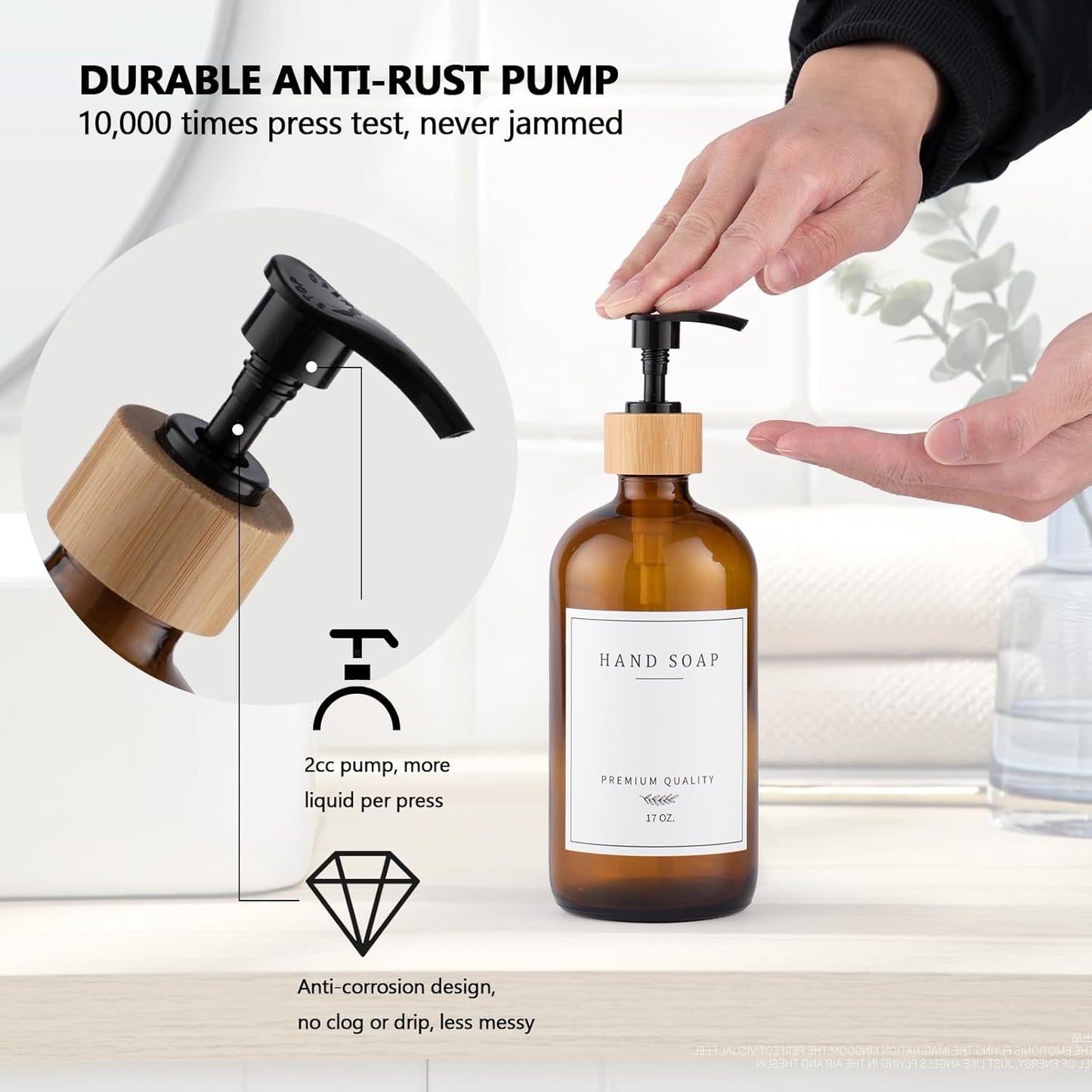 Amber Glass Soap Dispenser - Dish Hand Soap Dispenser for Kitchen Set, Soap Lotion Dispenser Bathroom with Sturdy Pump and Tray, 14 Waterproof Labels,Refillable Dispenser-Amber