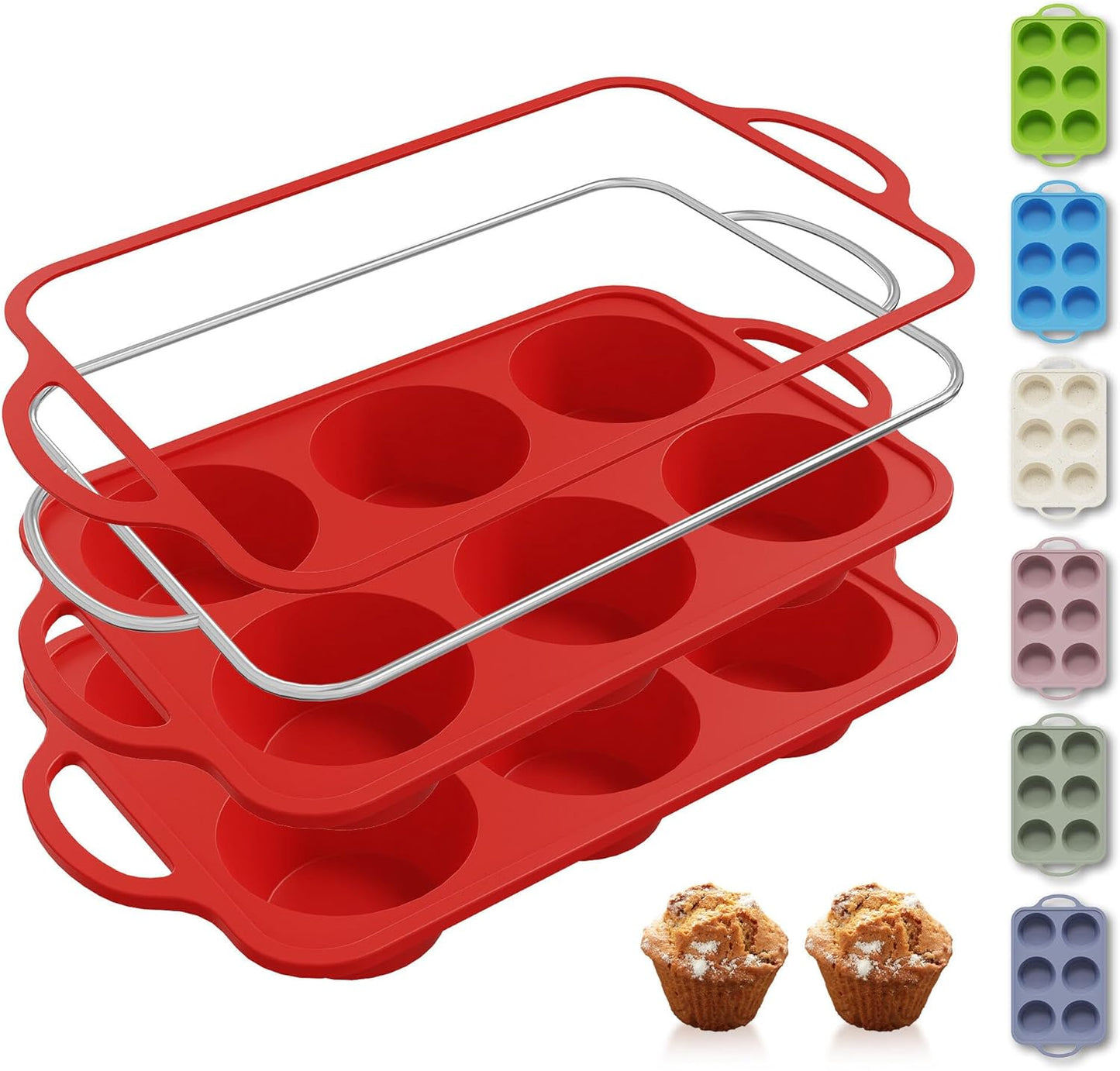 2 Packs 6 Cups Silicone Muffin Pan with Metal Reinforced Frame Jumbo Size Cupcake Pan Tray Egg Bites Silicone Circle Cookie Molds Muffin Tin Tart Pans Large Big Baking Sheet Set for Breakfast