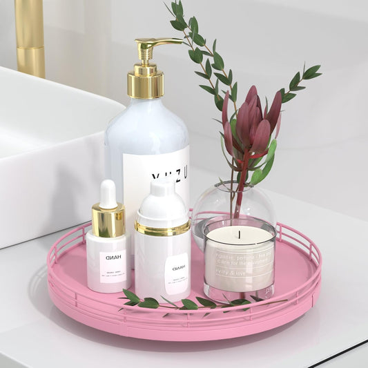 10" Oak Wood Bathroom Tray for Counter, Vanity Tray for Perfume Lotion Candle Makeup Jewelry Sink Soap Holder Turntable Dresser Organizer Countertop Coffee Table Decor Organization and Storage Pink