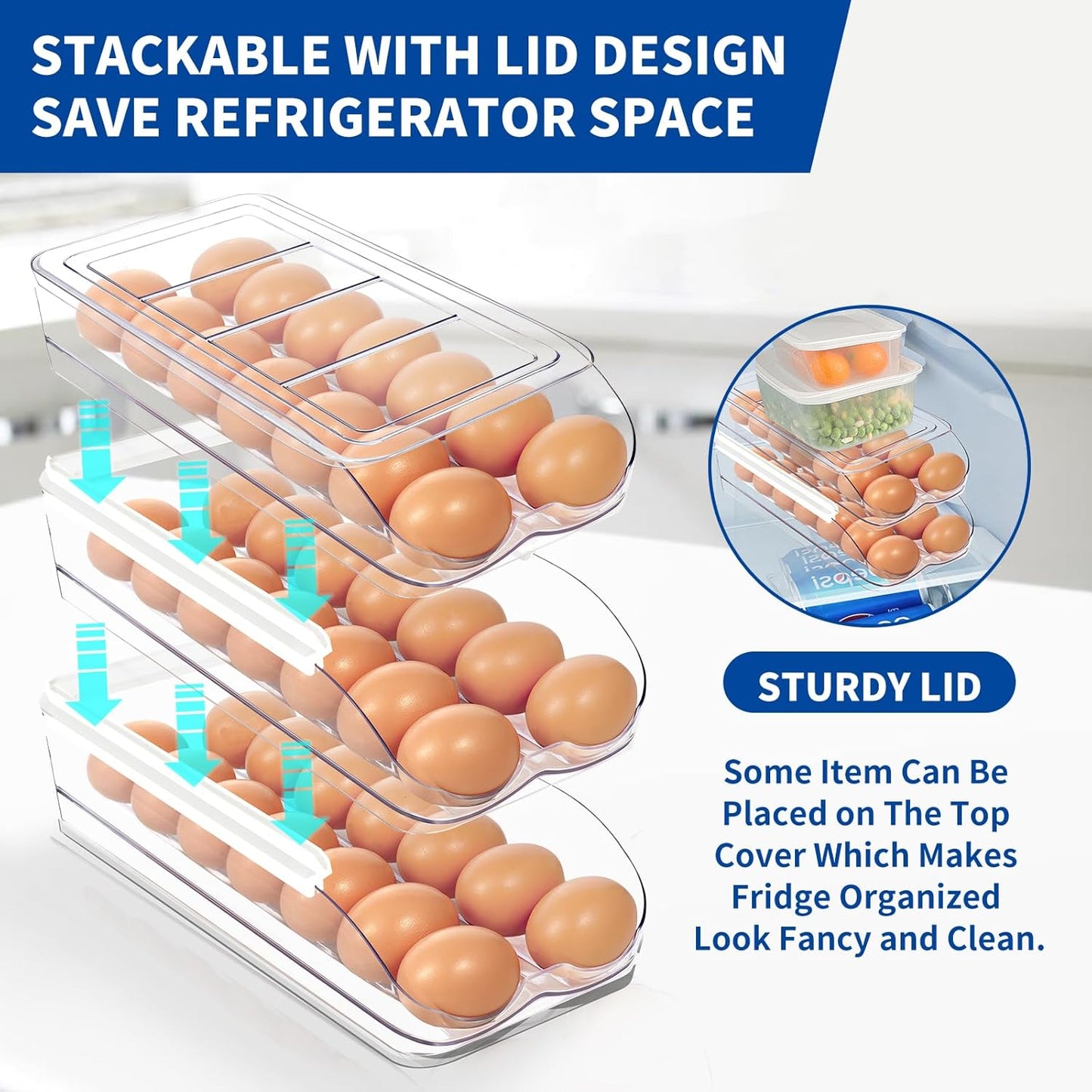 Egg Holder for Fridge, Automatic Rolling Egg Organizer for Refrigerator, Clear Plastic Egg Container & Tray, Stackable Dispenser and Storage Bin with Sturdy Lid to Saving Space -2 Layer