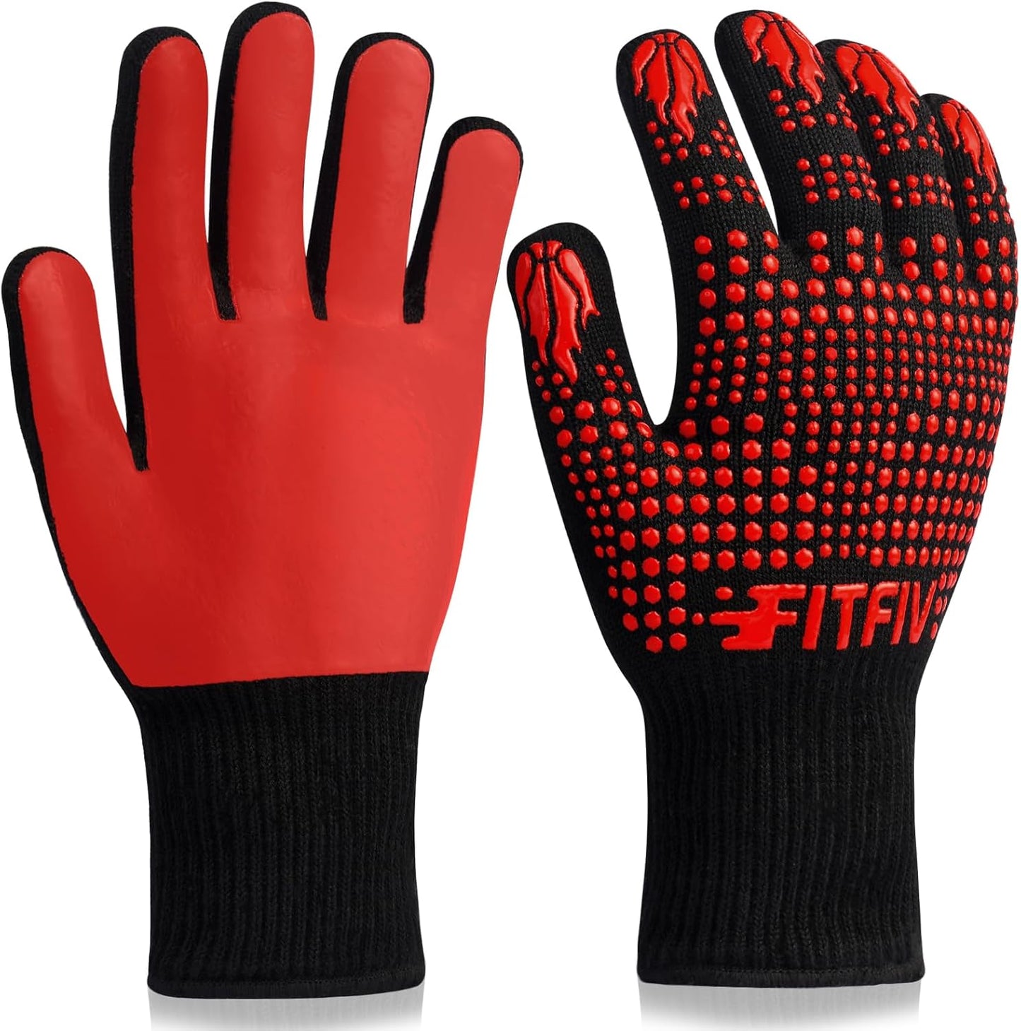 BBQ Gloves, Oven Gloves, 1472°F Extreme Heat Resistant Barbecue Gloves, Silicone Non-Slip Oven Mitts, Kitchen for Cooking, Grilling, and Baking (Red)