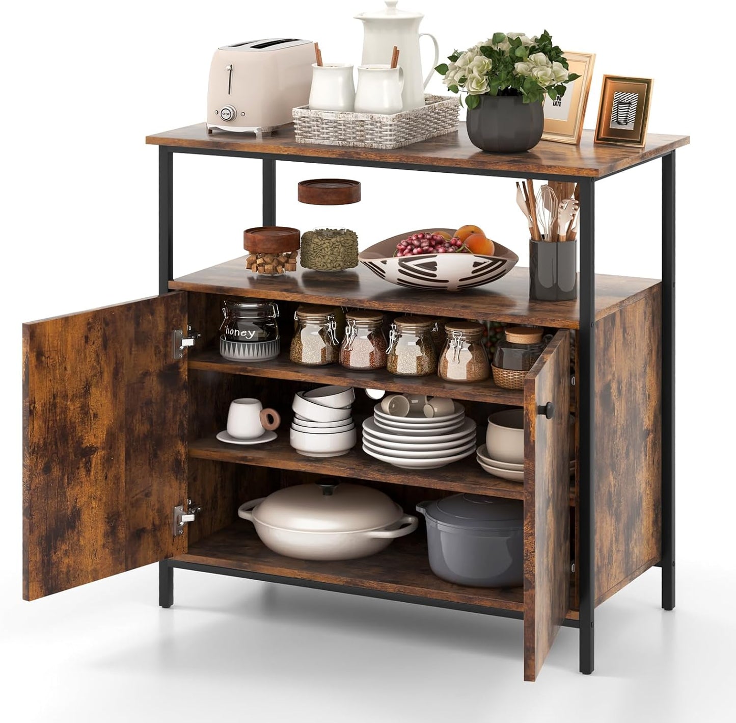 Buffet Cabinet, Industrial Storage Cabinet with Doors and Shelves, Wood Buffets & Sideboards, Farmhouse Coffee Bar, Rustic Console Table for Kitchen, Dining Living Room, Entryway